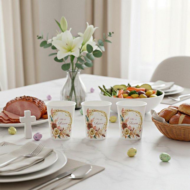 He is Risen boho floral wreath Easter Paper Cups (Creator Uploaded)
