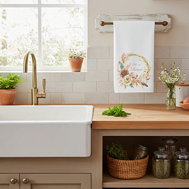 He is Risen boho floral wreath Easter Tea Towel (Creator Uploaded)