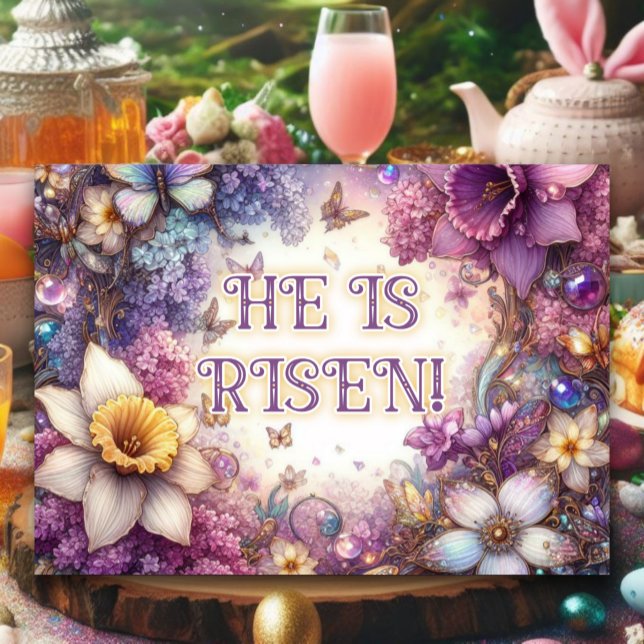 He Is Risen Butterflies Lilacs Purple Easter  Holiday Card (Creator Uploaded)