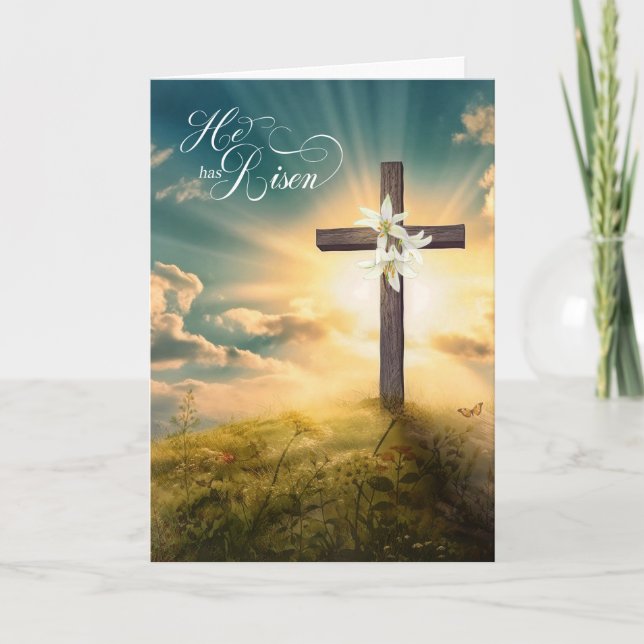 He is Risen Christian Cross and Lilies Easter Holiday Card (Front)