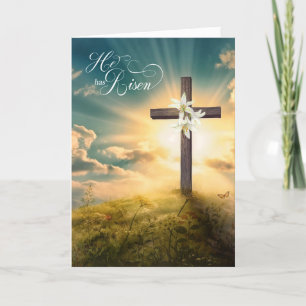 He is Risen Christian Cross and Lilies Easter Holiday Card