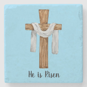 He Is Risen Christian Cross Easter Stone Coaster