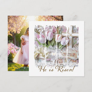 He is Risen Christian Vintage Floral Easter Photo Holiday Card
