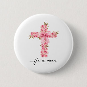 He Is Risen Coquette Bow Floral Cross Faith Easter 6 Cm Round Badge