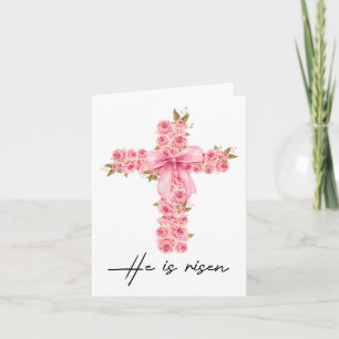 He Is Risen Coquette Bow Floral Cross Faith Easter Card