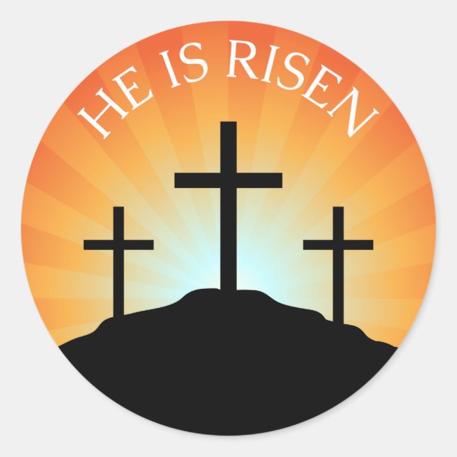 He is risen cross against sunrise Easter sticker (Front)