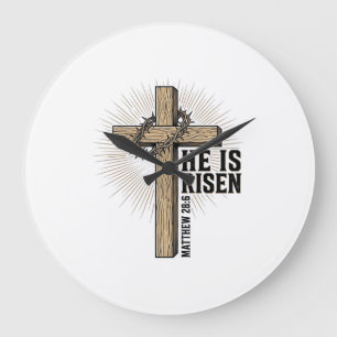 He Is Risen Cross Matthew 28_6 Vintage Christian D Large Clock