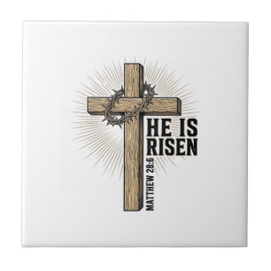 He Is Risen Cross Matthew 28_6 Vintage Christian D Tile