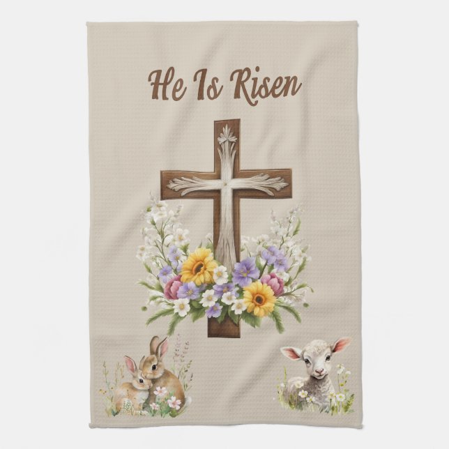 He Is Risen Cross  Tea Towel (Vertical)