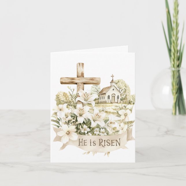 He is Risen | Cross with Church Easter Card (Front)