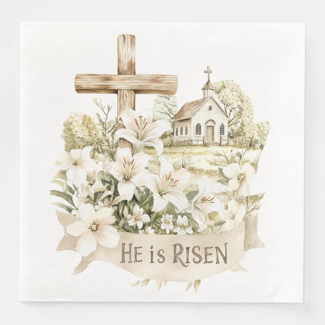 He is Risen | Cross with Church Easter Napkin (Front)