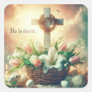 He is Risen Cross with Crown of Thorns Square Sticker
