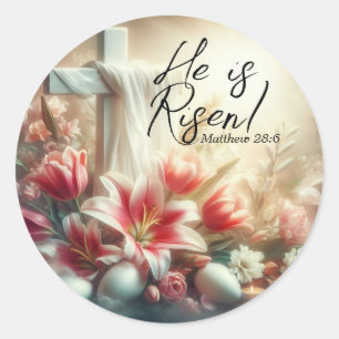 He is Risen Cross with Easter Lilies and Eggs Classic Round Sticker