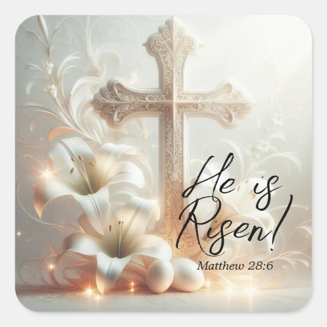 He is Risen Cross with Easter Lilies and Eggs Square Sticker (Front)
