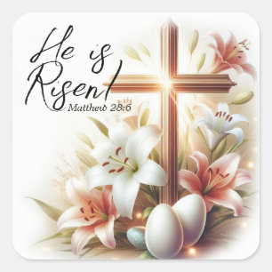 He is Risen Cross with Easter Lilies and Eggs Square Sticker