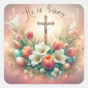 He is Risen Cross with Easter Lilies Square Sticker