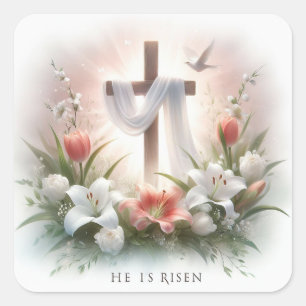 He is Risen Cross with Easter Lilies Square Sticker