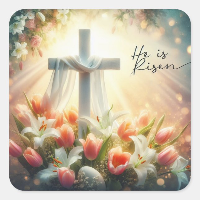 He is Risen Cross with Easter Lilies Square Sticker (Front)