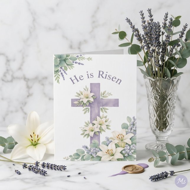 He is Risen Easter 2026 Religious Floral Cross Holiday Card (Creator Uploaded)