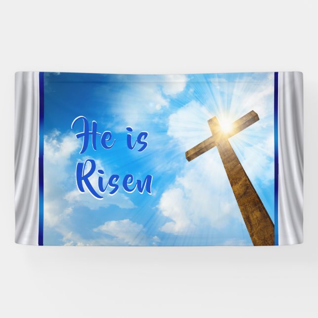 He is Risen Easter Banner, Beaming Wooden Cross Banner (Horizontal)