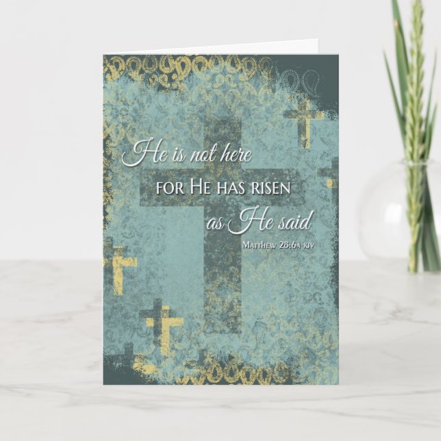 He is Risen! Easter cross & bible verse on distres Holiday Card (Front)