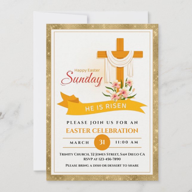 He Is Risen Easter Cross, Flowers, Elegant Easter Announcement (Front)