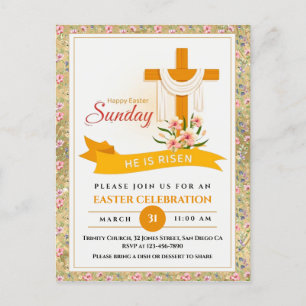 He Is Risen Easter Cross, Flowers, Elegant Easter Holiday Postcard