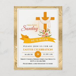 He Is Risen Easter Cross, Flowers, Elegant Easter Holiday Postcard