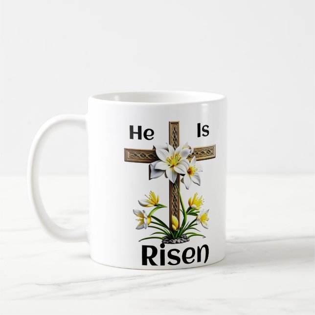 He is Risen Easter Cross Lilies Christian Coffee Mug (Left)