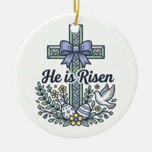 He Is Risen Easter Cross Vintage Vector Ceramic Tree Decoration