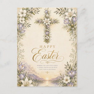 He Is Risen Easter, Elegant Floral Cross Christian Postcard