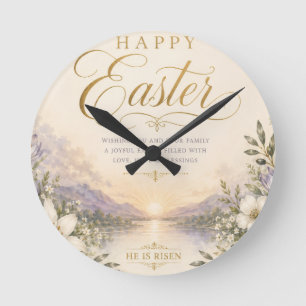 He Is Risen Easter, Elegant Floral Cross Christian Round Clock