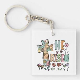 He is Risen Easter Floral Jesus Cross Key Ring