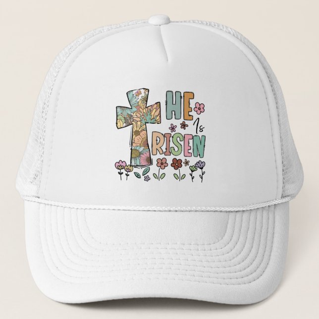 He is Risen Easter Floral Jesus Cross Trucker Hat (Front)