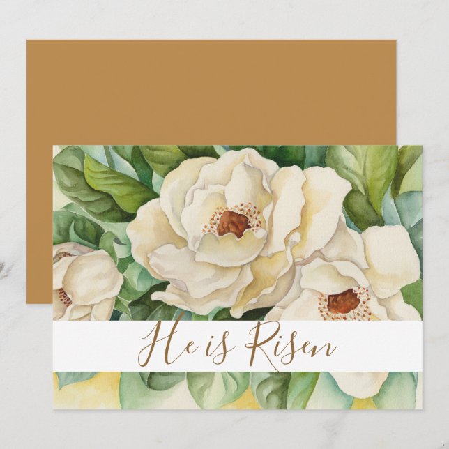 He Is Risen Easter Magnolia Gold Text Floral Holiday Card (Front/Back)