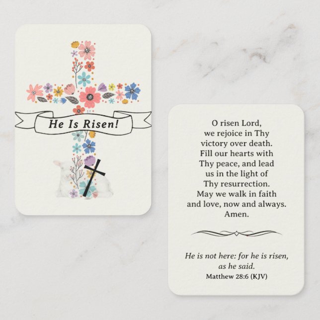 He Is Risen Easter Prayer Card Floral Cross Lamb (Front/Back)