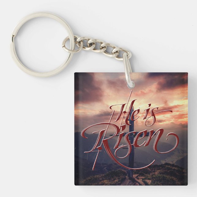 He is Risen Easter Script Cross Key Ring (Front)