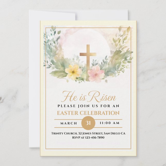 He Is Risen Easter Watercolor Flowers, Religious Announcement (Front)