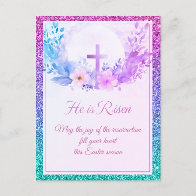 He Is Risen Easter Watercolor Flowers, Religious Holiday Postcard (Front)
