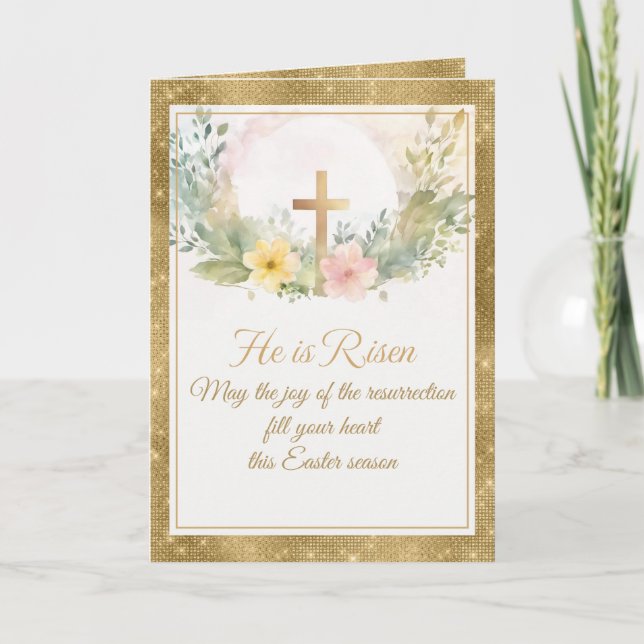 He Is Risen Easter Watercolor Flowers, Religious Note Card (Front)