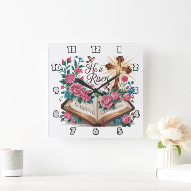He Is Risen Floral Bible Square Wall Clock (Home)