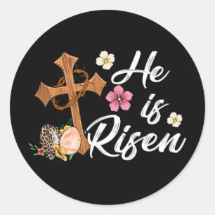 He Is Risen Floral Cross Christian Vintage Happy E Classic Round Sticker