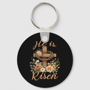 He Is Risen Floral Cross Christian Vintage Happy E Key Ring