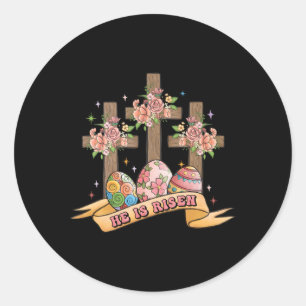 He Is Risen Floral Cross Happy Easter Day 2023 Classic Round Sticker