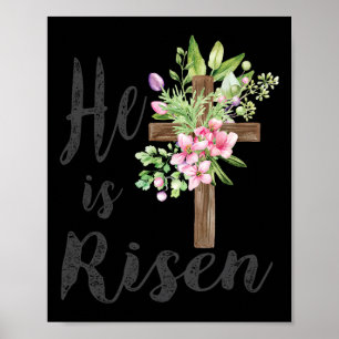 He Is Risen Floral Cross Vintage Happy Easter 2024 Poster