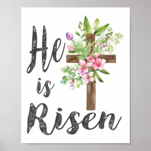 He Is Risen Floral Cross Vintage Happy Easter Poster