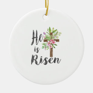 He is Risen Floral Cross Vintage Happy Easter T-Sh Ceramic Tree Decoration