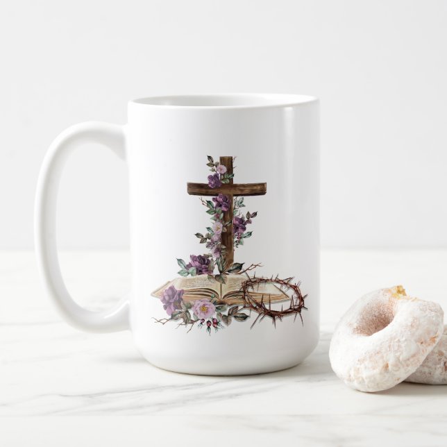 He is Risen Floral Cross with Bible  Coffee Mug (With Donut)