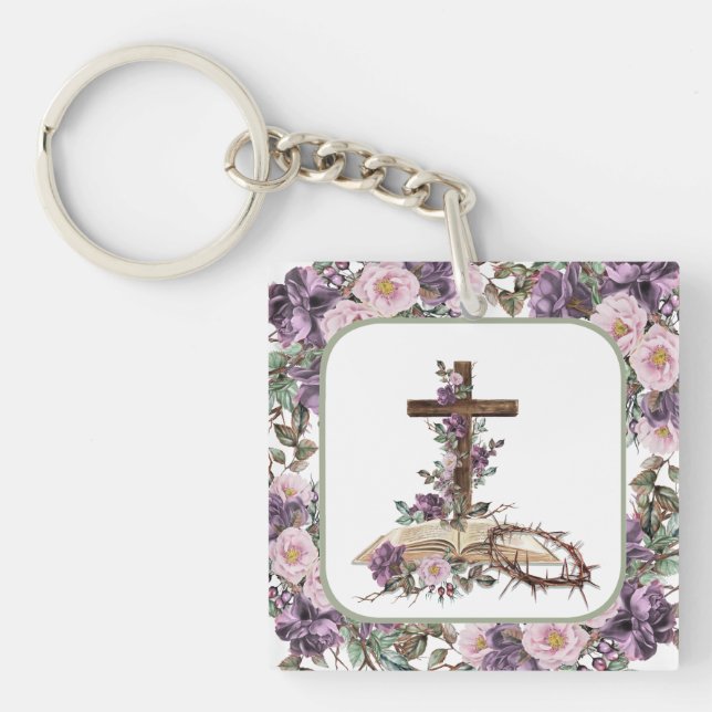 He is Risen Floral Cross with Bible  Key Ring (Front)