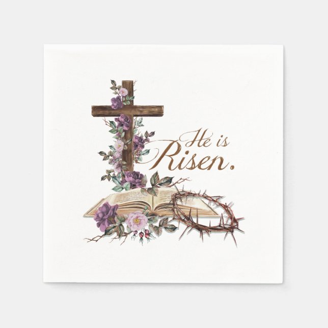 He is Risen Floral Cross with Bible Napkins (Front)